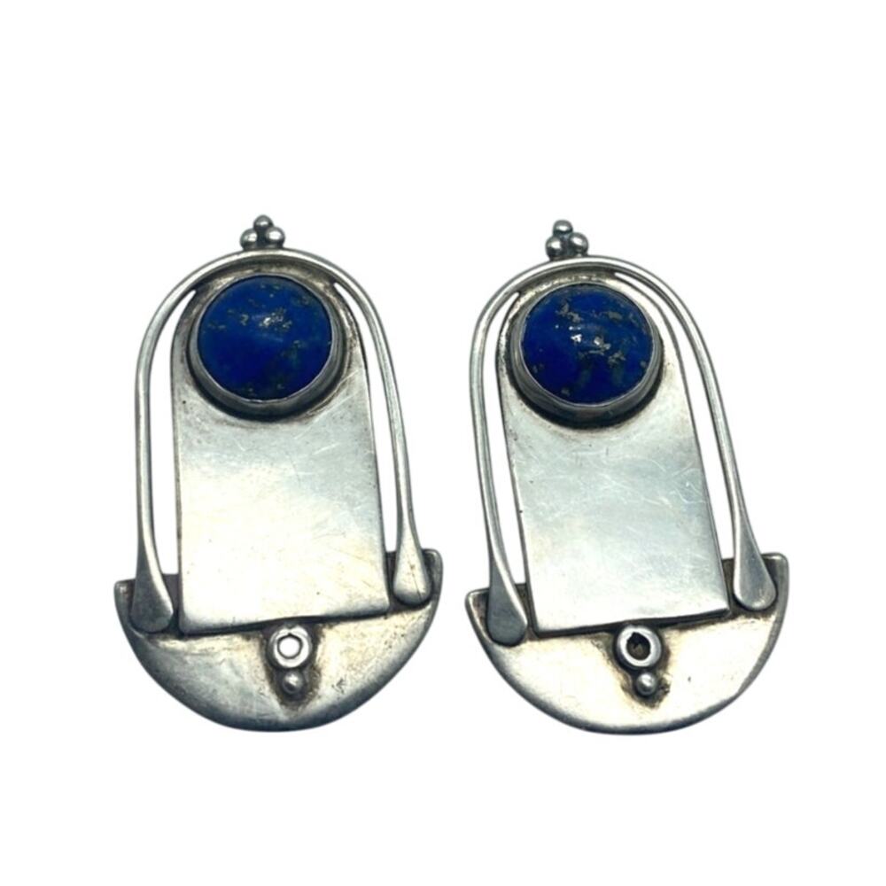 Modernist Sterling and Lapis Lazuli Katherine Palmer pierced Earrings signed‎